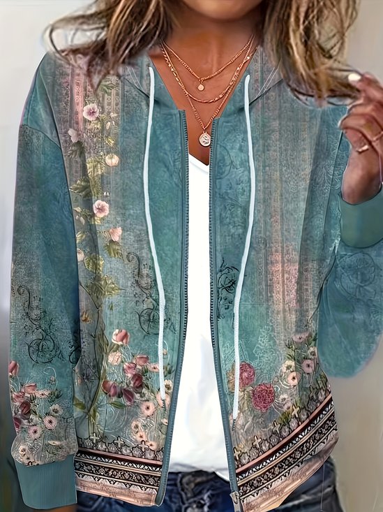 Damen Frühling/Herbst Oberbekleidung Retro 3d Drucken Langarm Kapuze Jacke