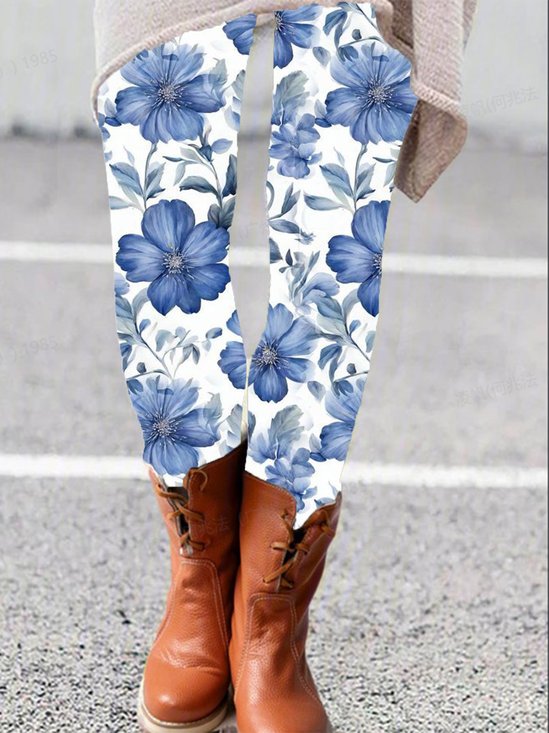 Damen Lässig Geblümt Jersey Alle Jahreszeiten Lang Leggings