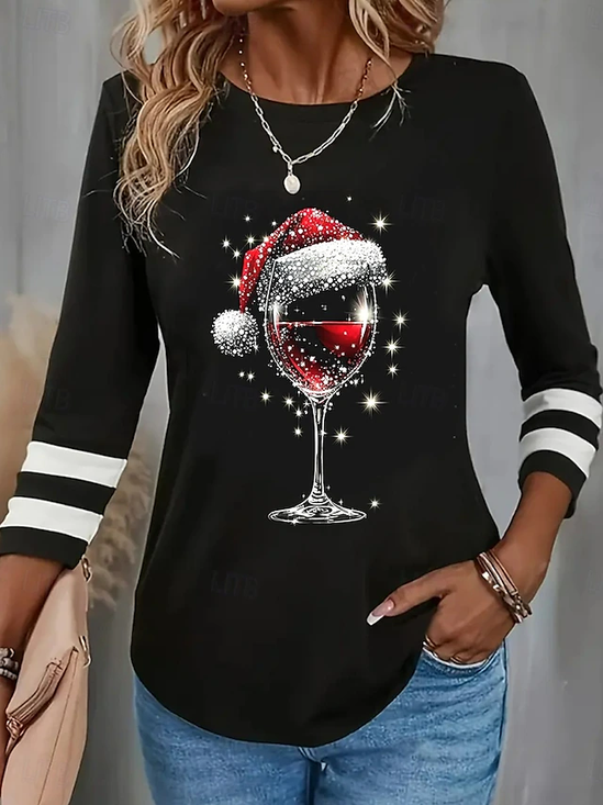 Damen Langarm T-Shirts T-Shirt Frühling/Herbst Weihnachten Wein Glas Jersey Rundhals Täglich Ausgehen Lässig Oberteile