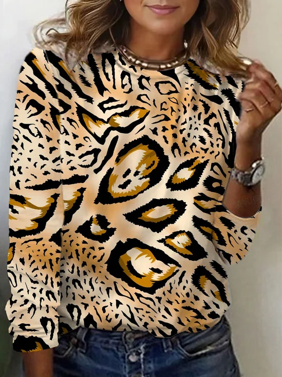 Damen Langarm T-Shirts T-Shirt Frühling/Herbst Leopard Jersey Rundhals Täglich Ausgehen Lässig Oberteile