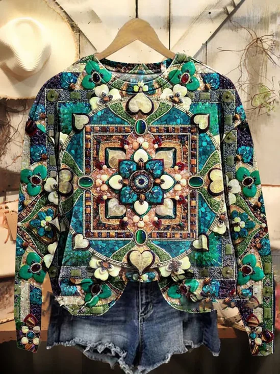 Damen Rundhals Ethnisch Lässig Frühling/Herbst Langarm Sweatshirt