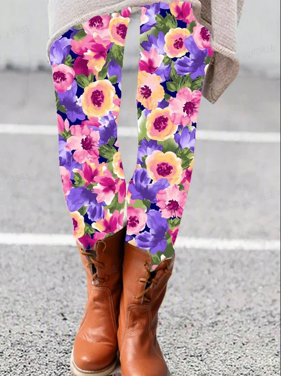 Damen Lässig Geblümt Jersey Alle Jahreszeiten Lang Leggings