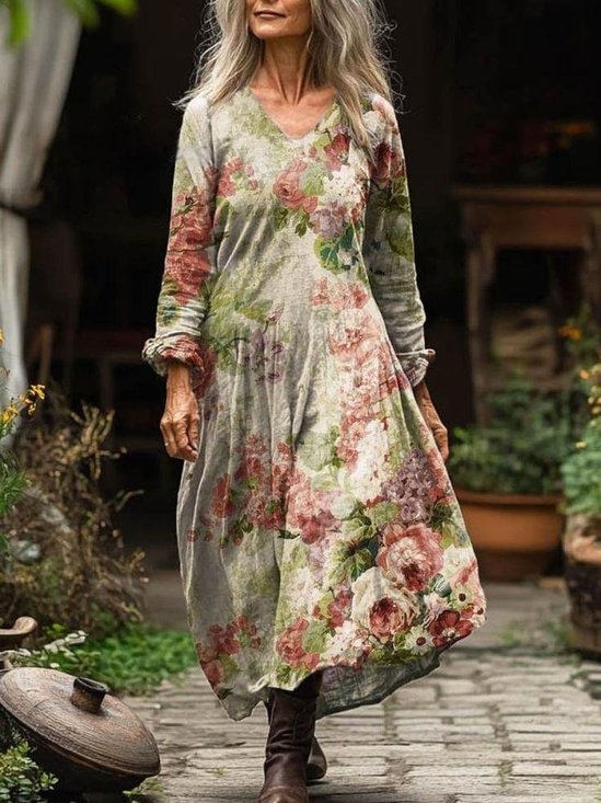 Damen Langarm Frühling/Herbst 3d Drucken Kleid V-Ausschnitt Täglich Ausgehen Retro Maxikleid T-Shirt-Kleid A-Linien-Kleid