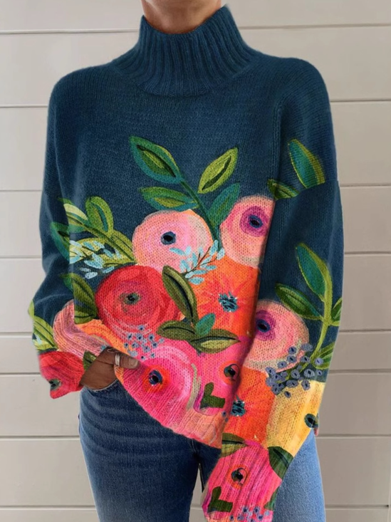 Damen Rollkragen Geblümt Lässig Frühling/Herbst Langarm Sweatshirt