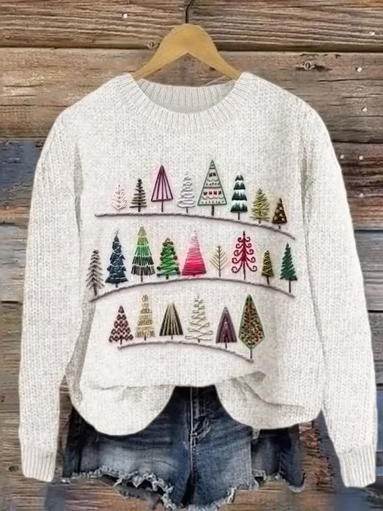 Damen Winter Weihnachten Lässig Langarm Rundhals Strickpullover