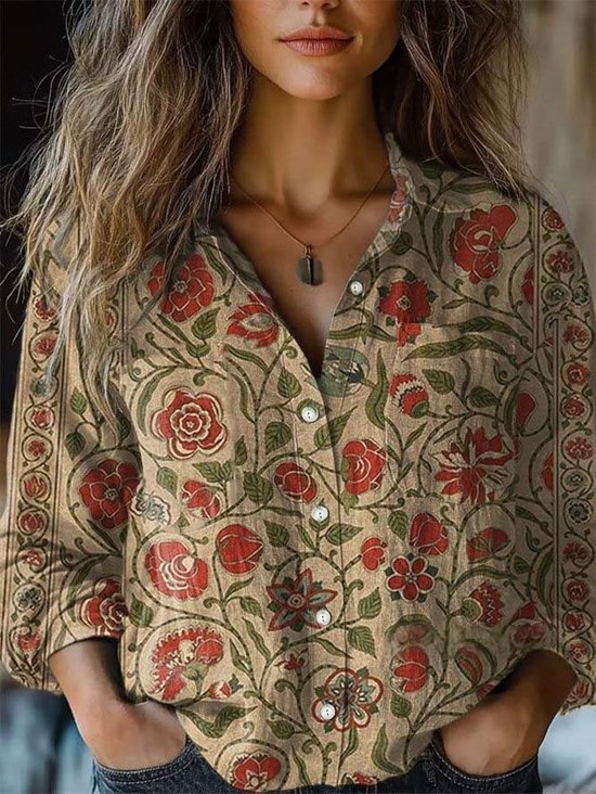Damen Langarm Bluse Frühling/Herbst Ethnisch Schalkragen Täglich Ausgehen Retro Oberteile