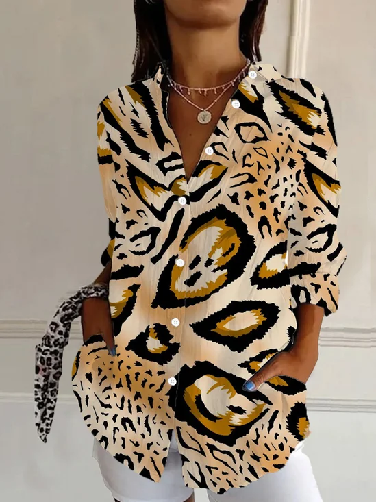 Damen Langarm Bluse Frühling/Herbst Leopard Hemdkragen Täglich Ausgehen Lässig Oberteile