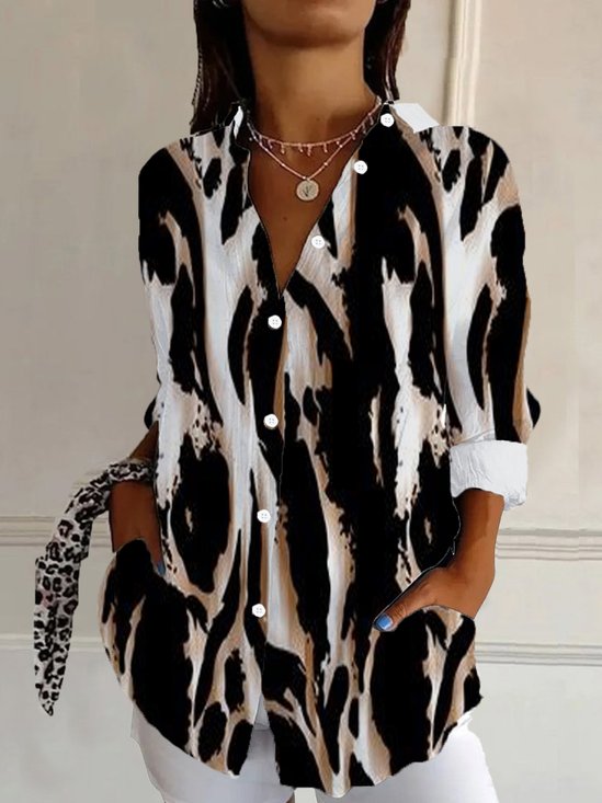 Damen Langarm Bluse Frühling/Herbst Leopard Hemdkragen Urlaub Ausgehen Lässig Oberteile