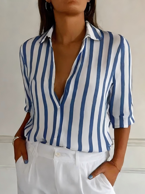 Damen Gestreift Langarm Bluse Frühling/Herbst Hemdkragen Urlaub Retro Oberteile