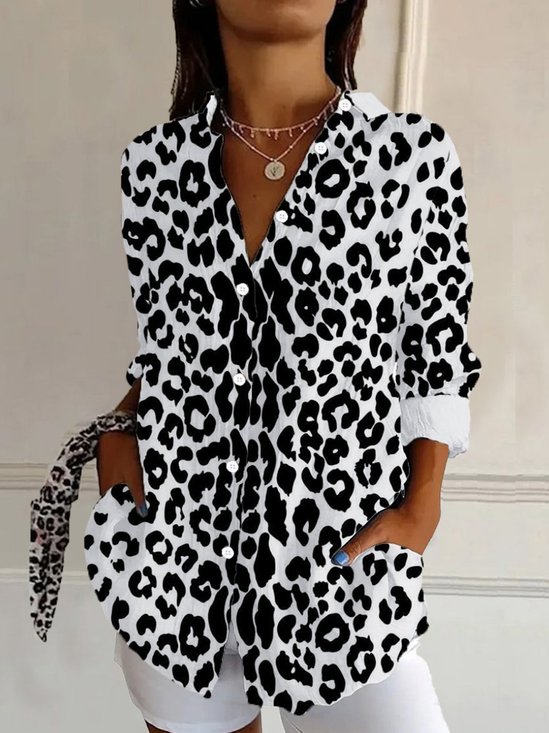 Damen Langarm Bluse Frühling/Herbst Leopard Hemdkragen Täglich Ausgehen Lässig Oberteile