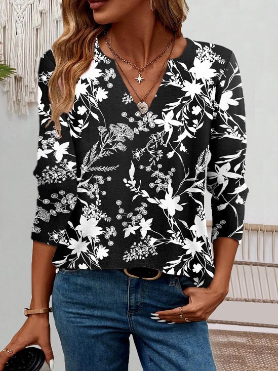 Damen Langarm Bluse Frühling/Herbst Botanisch Muster Jersey V-Ausschnitt Täglich Ausgehen Lässig Oberteile