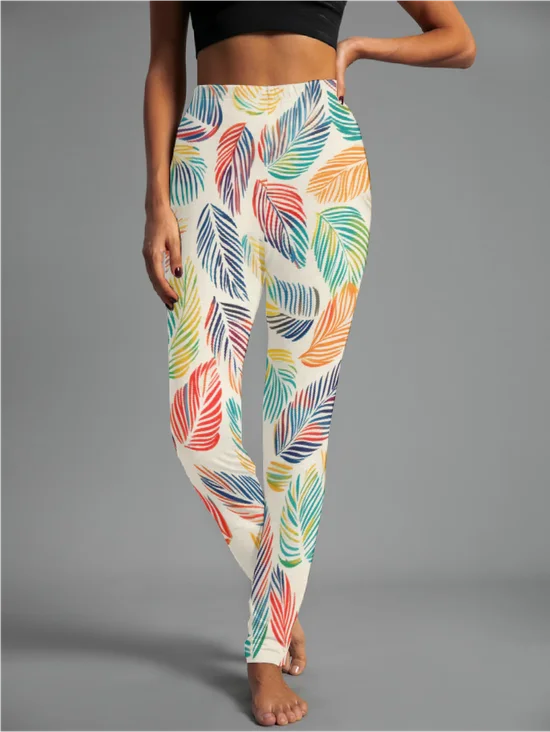 Damen Lässig Blätter Jersey Alle Jahreszeiten Lang Leggings