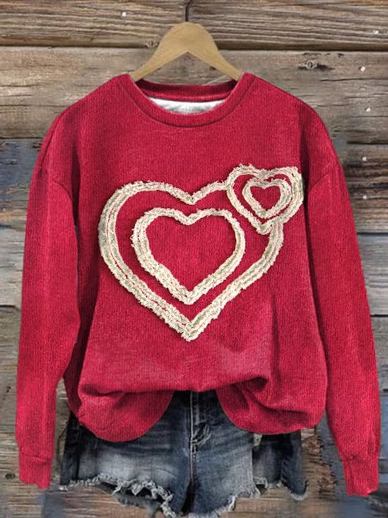 Damen Rundhals Herz/Herz Retro Frühling/Herbst Langarm Sweatshirt
