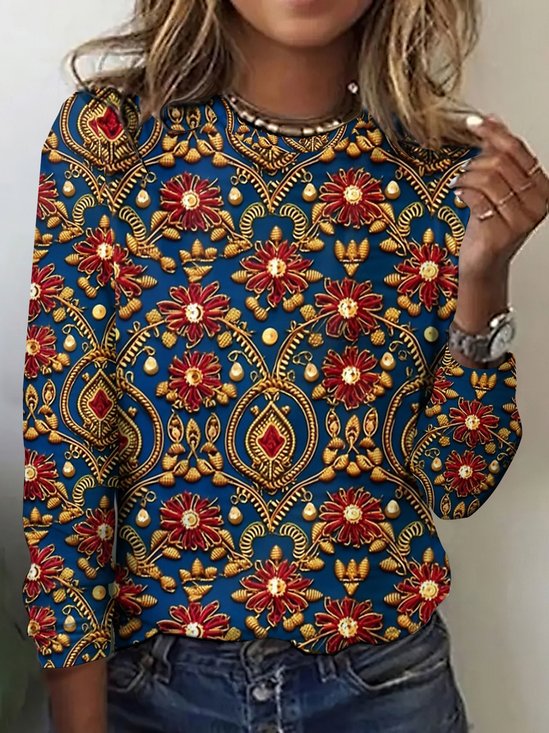 Damen Langarm T-Shirts T-Shirt Frühling/Herbst Kariert Baumwolle Rundhals Täglich Ausgehen Retro Oberteile