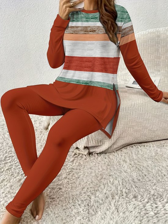 Damen Jersey Gestreift Täglich Ausgehen Zwei Stücke Set Langarm Lässig Frühling/Herbst Bluse mit Hose Matching Set