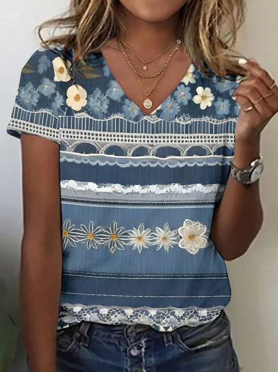 Damen Kurzarm T-Shirts T-Shirt Sommer Geblümt Baumwolle V-Ausschnitt Täglich Ausgehen Retro Oberteile