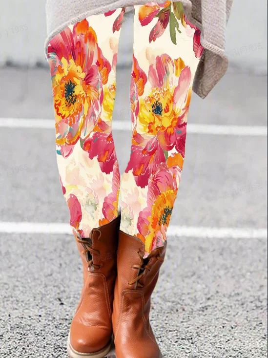 Damen Lässig Geblümt Jersey Alle Jahreszeiten Lang Leggings