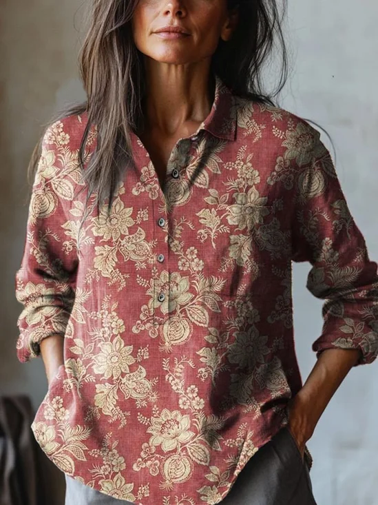 Damen Geblümt Langarm Bluse Frühling/Herbst Henley-Kragen Täglich Retro Oberteile