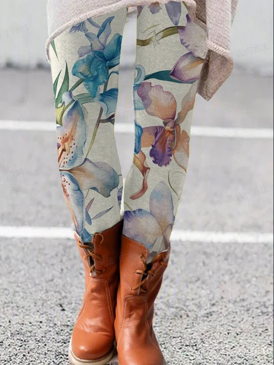 Damen Lässig Geblümt Jersey Alle Jahreszeiten Lang Leggings