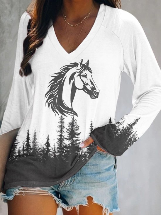 Damen Langarm T-Shirts T-Shirt Frühling/Herbst Tier Baumwolle V-Ausschnitt Täglich Ausgehen Retro Oberteile