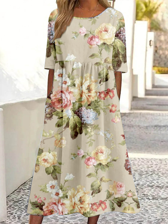 Damen Halbarm Sommer 3d Drucken Kleid Rundhals Täglich Ausgehen Retro Maxikleid Blusenkleid A-Linien-Kleid