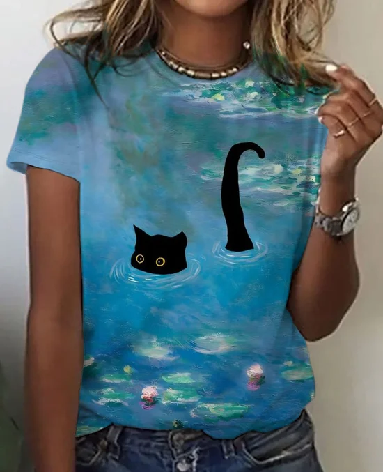 Damen Katze Kurzarm T-Shirts T-Shirt Rundhals Lässig Sommer Oberteile