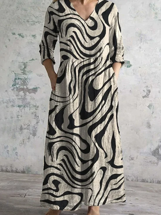 Damen Langarm Frühling/Herbst Geblümt Kleid V-Ausschnitt Täglich Ausgehen Retro Maxikleid Passen & Flare Kleid A-Linien-Kleid