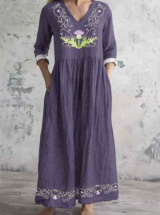 Damen Langarm Frühling/Herbst Geblümt Kleid V-Ausschnitt Täglich Ausgehen Retro Maxikleid Passen & Flare Kleid A-Linien-Kleid