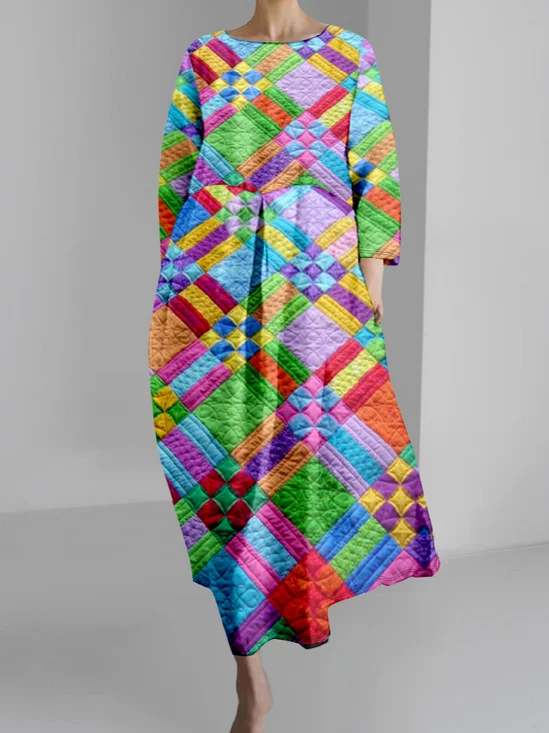 Damen Kariert Langarm Frühling/Herbst Kleid Rundhals Täglich Retro Maxikleid H-Linie Kleid