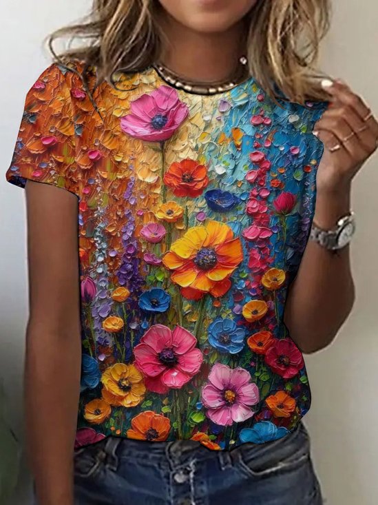 Damen Geblümt Kurzarm T-Shirts T-Shirt Rundhals Retro Sommer Oberteile