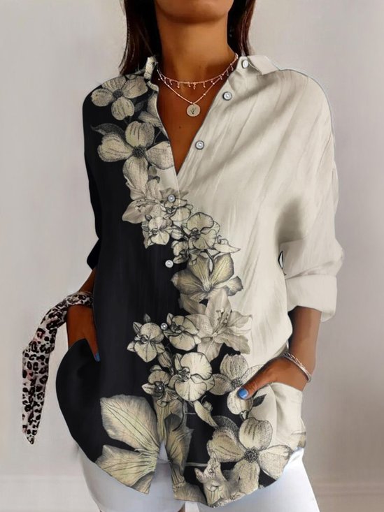 Damen Geblümt Langarm Bluse Frühling/Herbst Hemdkragen Täglich Retro Oberteile