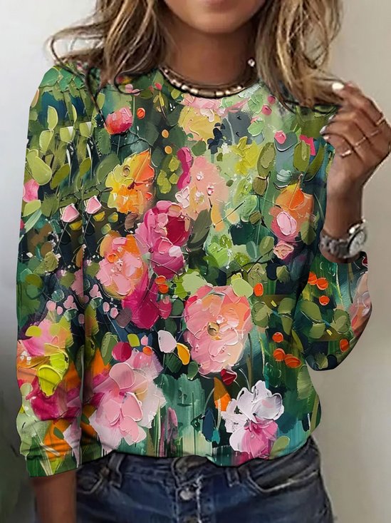 Damen Langarm T-Shirts T-Shirt Frühling/Herbst Geblümt Rundhals Lässig Oberteile