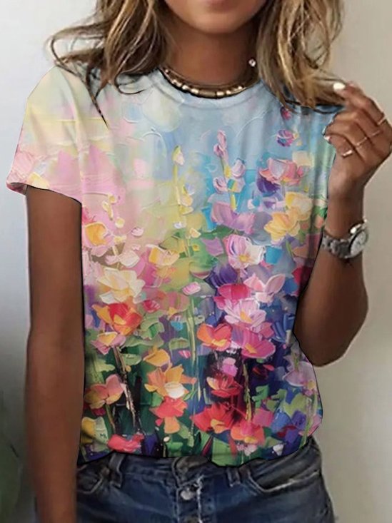 Damen Kurzarm T-Shirts T-Shirt Sommer Geblümt Rundhals Lässig Oberteile