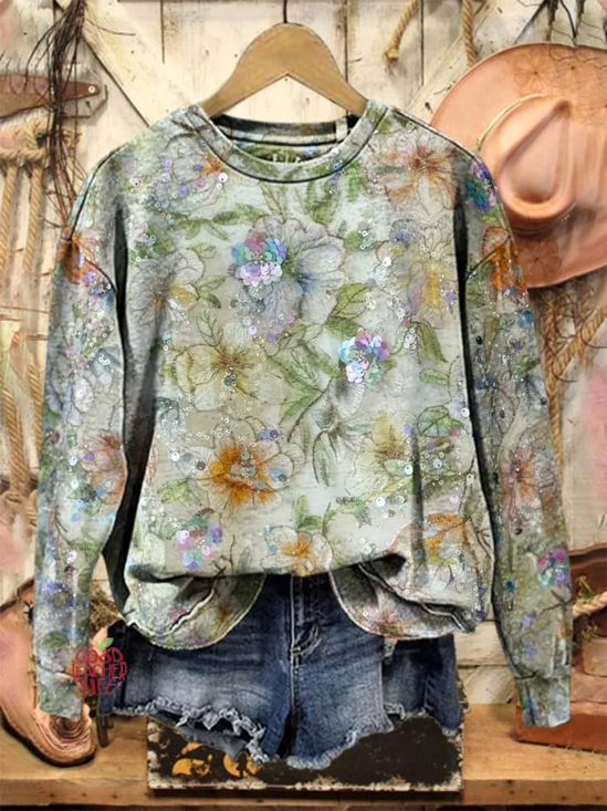 Damen Rundhals Geblümt Print Lässig Frühling/Herbst Langarm Sweatshirt