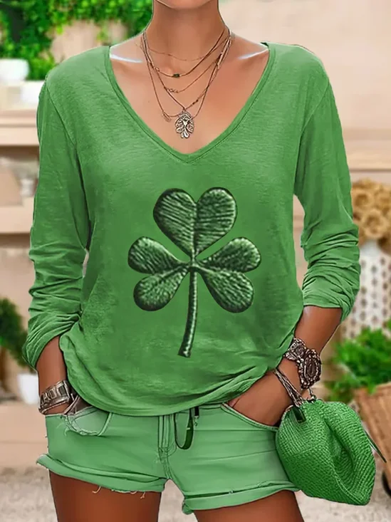 Damen Kleeblatt Langarm T-Shirts T-Shirt V-Ausschnitt Lässig Frühling/Herbst Oberteile