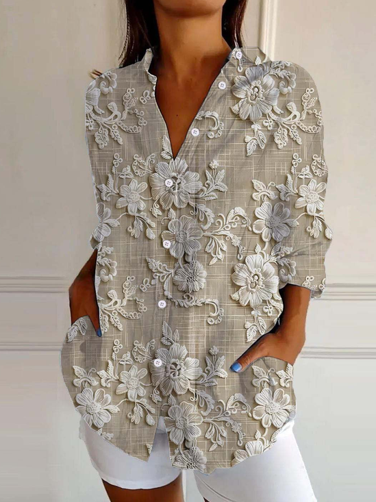 Damen Langarm Bluse Frühling/Herbst 3d Drucken Hemdkragen Täglich Ausgehen Retro Oberteile