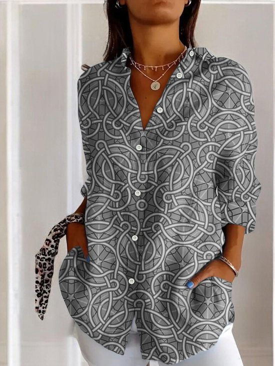 Damen Langarm Bluse Frühling/Herbst Geometrisch Baumwolle Hemdkragen Täglich Ausgehen Lässig Oberteile