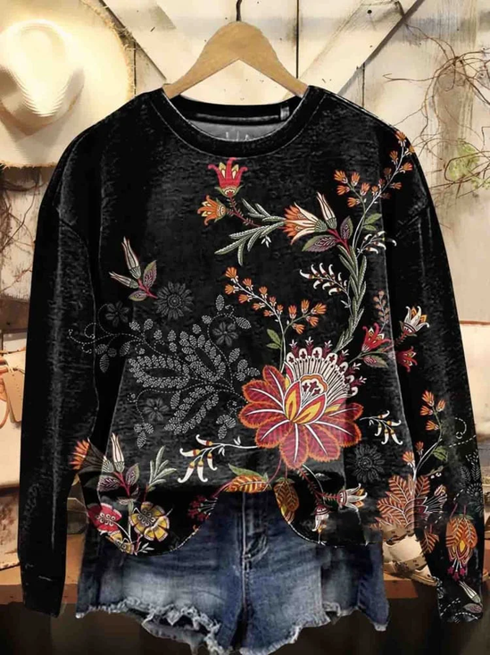 Damen Rundhals Geblümt Print Lässig Frühling/Herbst Langarm Sweatshirt