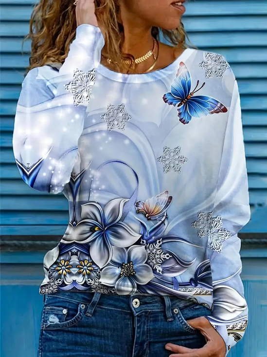 Damen Langarm T-Shirts T-Shirt Frühling/Herbst Geblümt Print Rundhals Lässig T-Shirt mit Grafik Oberteile