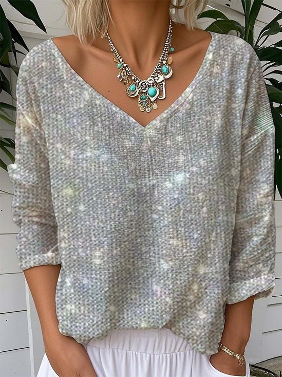 Damen Unifarben Langarm T-Shirts T-Shirt V-Ausschnitt Retro Frühling/Herbst Oberteile
