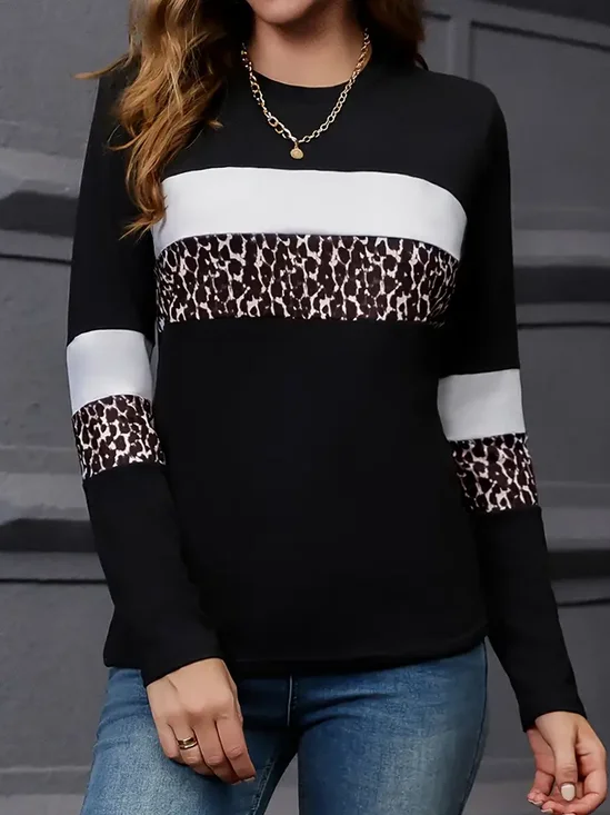 Damen Langarm T-Shirts T-Shirt Frühling/Herbst Leopard Print Rundhals Lässig T-Shirt mit Grafik Oberteile