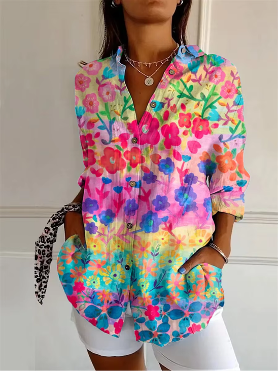 Damen Geblümt Langarm Bluse Frühling/Herbst Hemdkragen Täglich Retro Oberteile