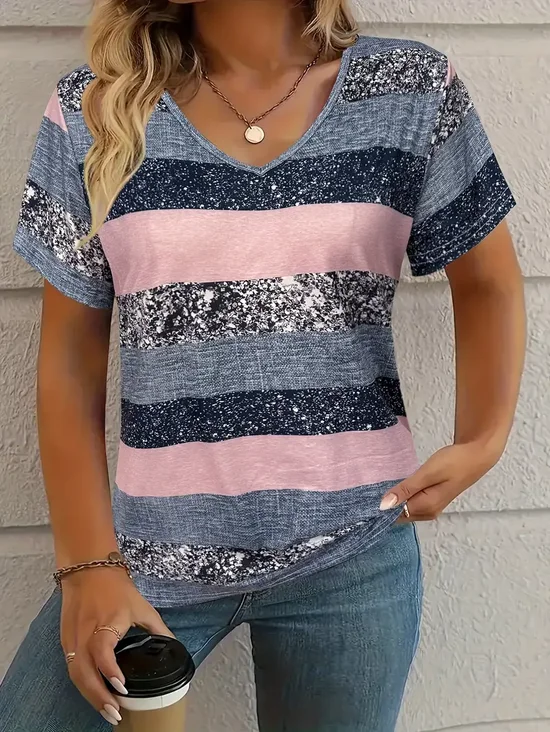 Damen Gestreift Kurzarm T-Shirts T-Shirt V-Ausschnitt Print Lässig Sommer T-Shirt mit Grafik Oberteile