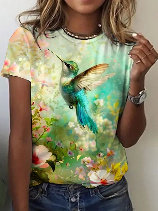 Damen Geblümt Kurzarm T-Shirts T-Shirt Rundhals Lässig Sommer Oberteile