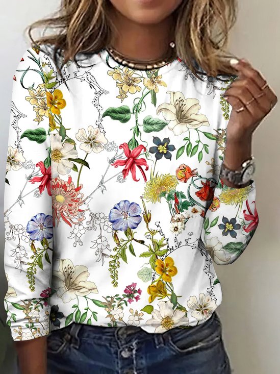 Damen Geblümt Kurzarm T-Shirts T-Shirt Rundhals Lässig Sommer Oberteile