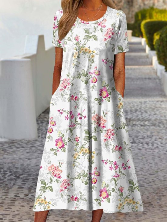Damen Gestreift Halbarm Sommer Kleid Rundhals Täglich Retro Maxikleid Blusenkleid A-Linien-Kleid
