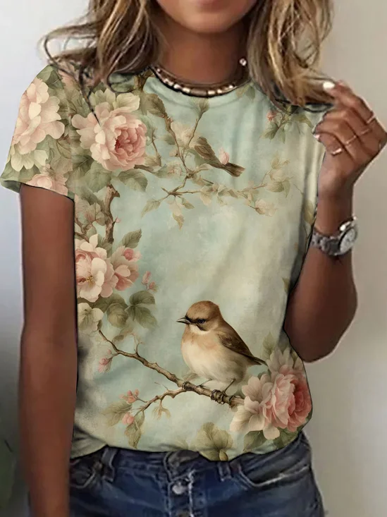 Damen Geblümt Kurzarm T-Shirts T-Shirt Rundhals Lässig Sommer Oberteile