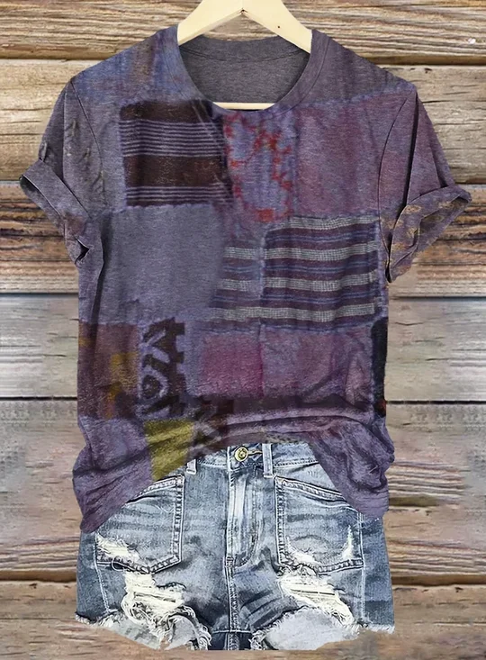 Damen Geometrisch Kurzarm T-Shirts T-Shirt Rundhals Retro Sommer Oberteile