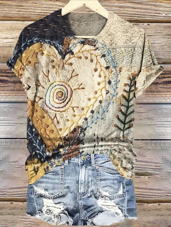Damen Geometrisch Kurzarm T-Shirts T-Shirt Rundhals Retro Sommer Oberteile