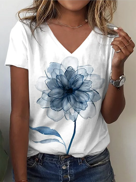 Damen Geblümt Kurzarm T-Shirts T-Shirt V-Ausschnitt Retro Sommer Oberteile